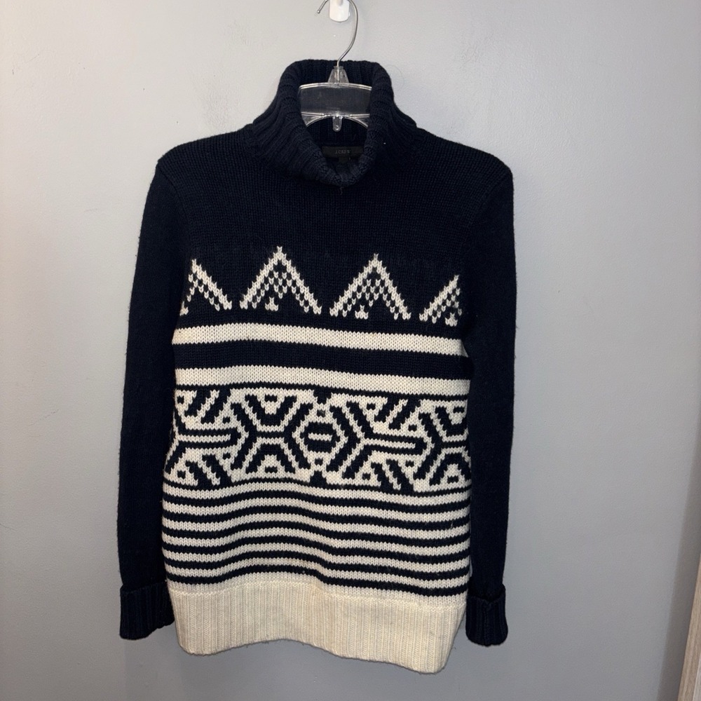 J Crew Navy/Ivory Ski Nordic Turtleneck Sweater Oversized Wool Blend Size M